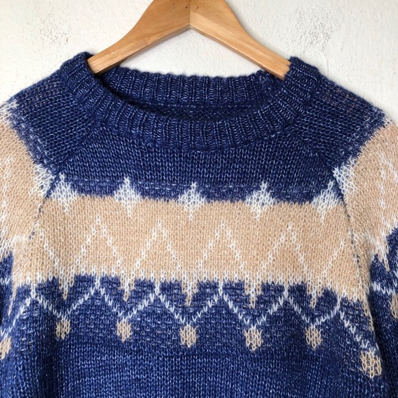 Mohair Knit Sweater XL Blue Beige Diamond Pattern Pullover Cozy Warm - Picture 8 of 14